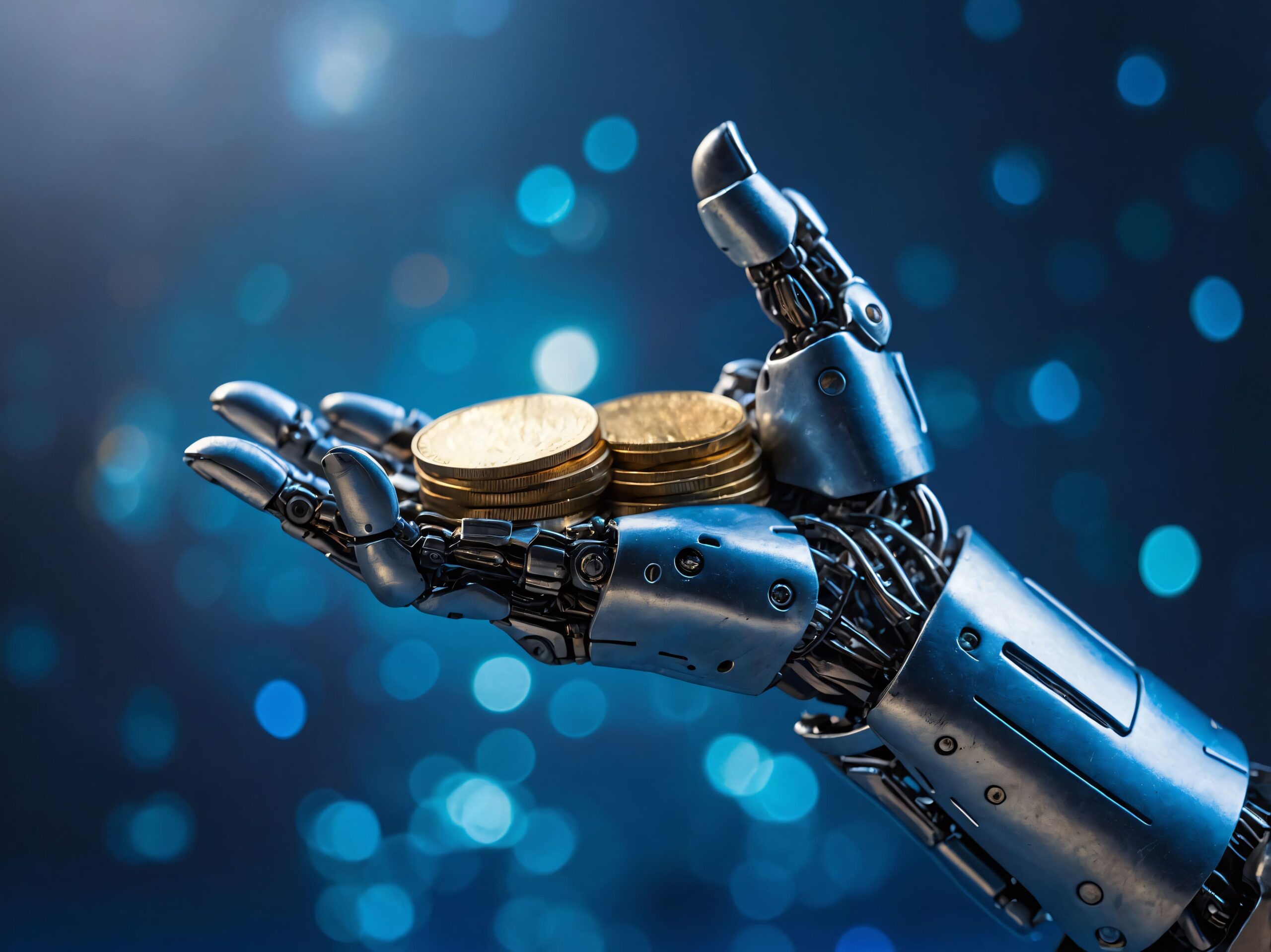 futuristic robot interacting with money scaled